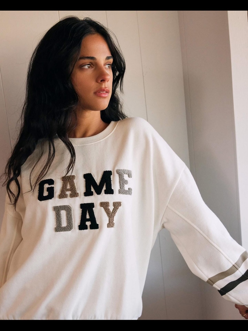 Z Supply Cream GAME DAY Crewneck Sweatshirt with Gray Stripes